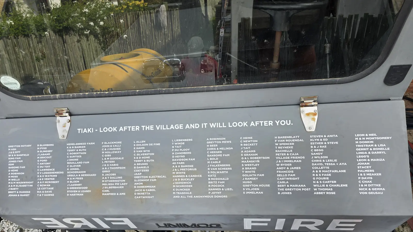 Community supporter names displayed on the GVF fire truck